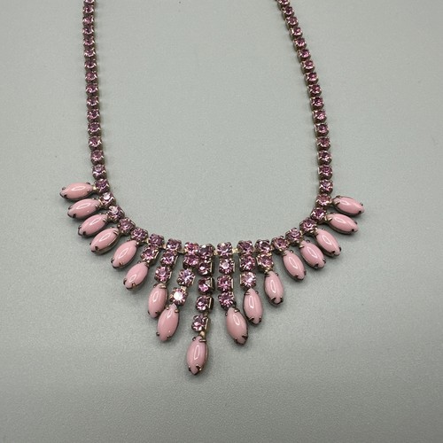 Vintage Necklace Pink Rhinestone Milk Glass Choker Bib Barbie 1960s MCM #_915 - Picture 2 of 7