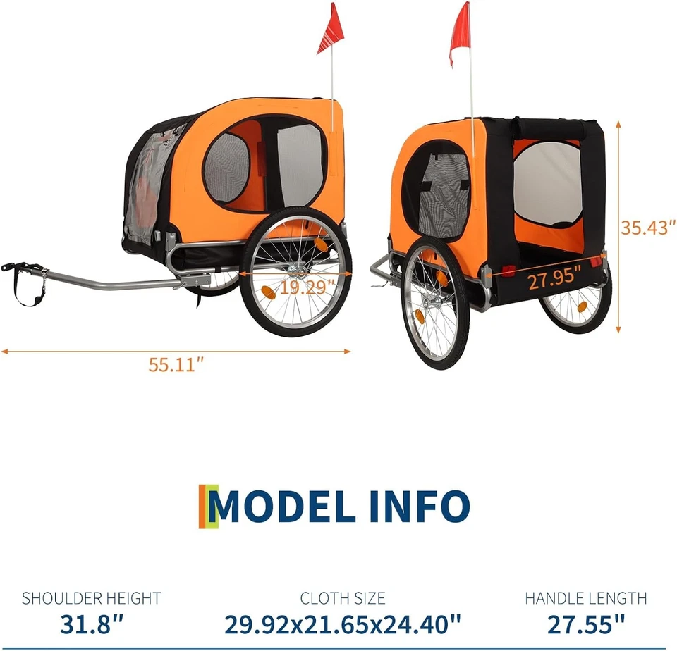 Прогулочная коляска 2 в 1 для перевозки собак велосипед прицеп с 16-дюймовым воздушным колесом отражателем флагом грузоподъемность 88 фунтов - Изображение 2 из 4