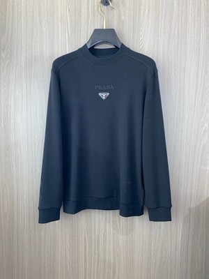 PRADA Milano Men's Jet Black Crewneck Sweatshirt Embroidered Size L Luxury Italy