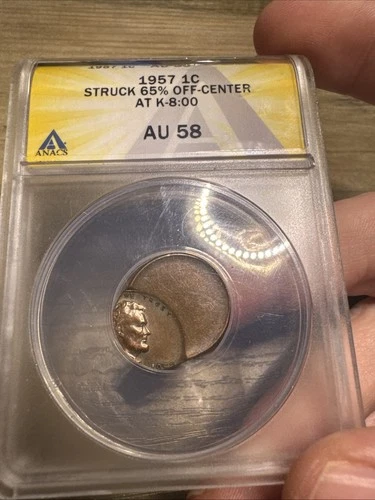 1957 OFF CENTER LINCOLN CENT ERROR ANACS AU58 65% Off-center