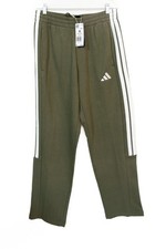 Adidas Size M Mens Essential Fleece Olive Green Track Pants With Side Stripes
