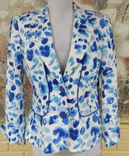 EUC GORGEOUS PECK  PECK WHITE WITH BLUES BLAZER SZ 4 ROLLUP CUFS L/S JACKET