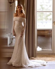 Sparkling Wedding Dresses Champagne Long Sleeve Sequins Customised Bridal Gowns