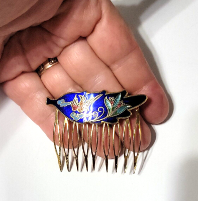 Vintage Cobalt Blue Cloisonne Hair Comb, Bird Flower  display picture 3