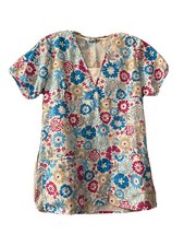 Elements Women  s V-Neck Nursing Medical Scrub Top Blue Floral Uniform