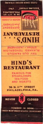 #ad #ad Philadelphia Pennsylvania Hind#x27;s Restaurant Steaks Chops Vintage Matchbook Cover $9.99