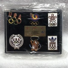 1988 Calgary Seoul Olympic Commemorative Set of 6 Vtg Pins Adidas Team Mascot US