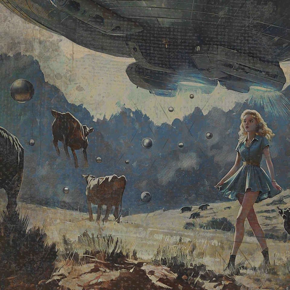 ПОХИЩЕНИЕ КОРОВЫ ИНОПЛАНЕТЯНАМИ НЛО, настенное искусство, научно-фантастический плакат UAP ферма крупный рогатый скот криптид ковбойка - Изображение 2 из 4