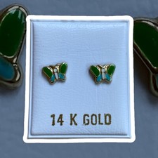14K green butterfly enameled children earring