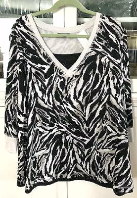 ESSENTIALS Woman Plus 2X 3/4 sleeve V neck shirt top brown beige animal print
