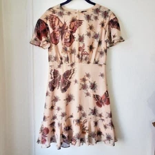Beige Chiffon Ruffle Mini Dress sz Small S Butterfly Print Short Sleeves
