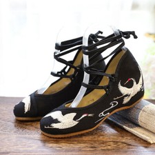 Women Embroidery Lace Up Strappy Ballet Flats Ladies Cotton Fabric Shoes