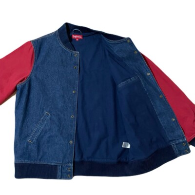 デニムジャケット　Supreme Denim Varsity Jacket Supreme 14AW Denim Twill Varsity Jacket Indigo Red Cotton