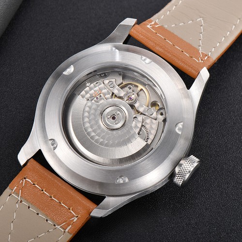 Relojes de pulsera Parnis de 46,5 mm negros con esfera gris correa de cuero marrón para hombre - Imagen 6 de 7