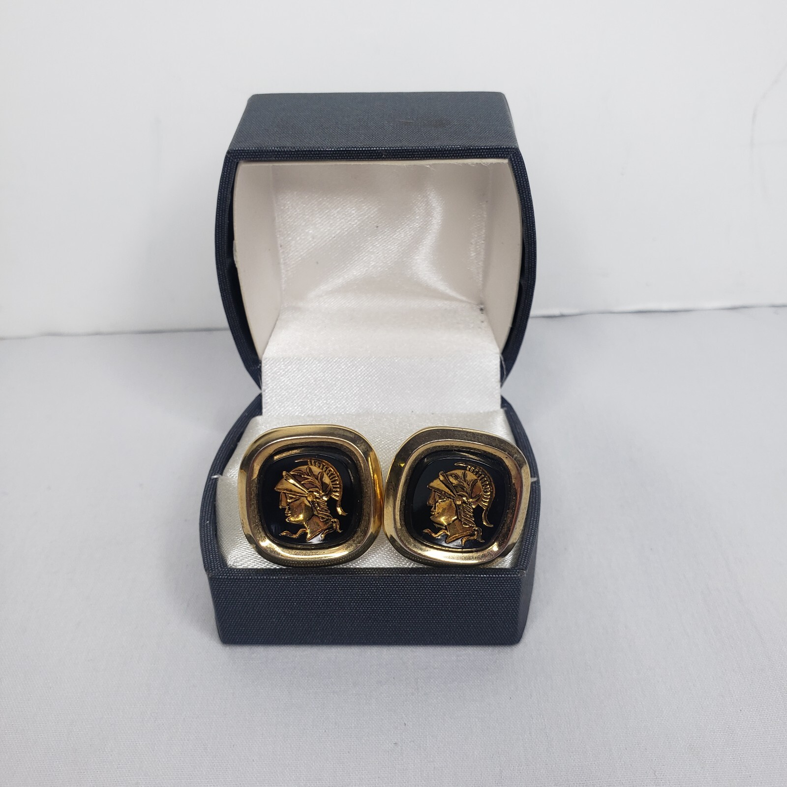 Boutons De Manchette Vintage Swank - Œil De Tigre Et Camée Gladiateur - Gold Filled, Occasion