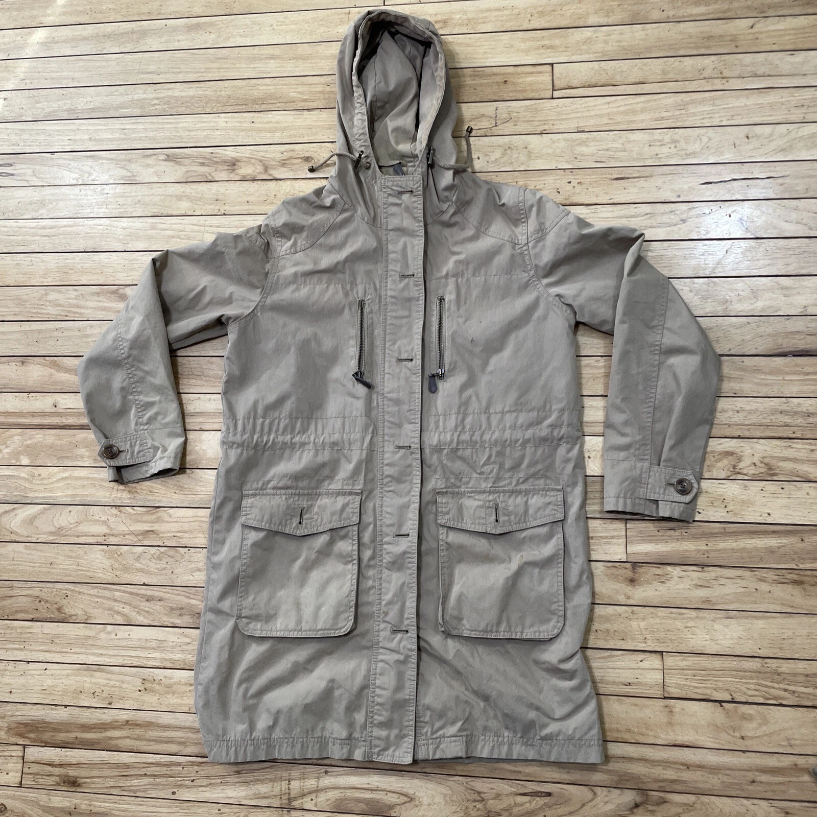 EDDIE BAUER Parka Jacket Adult S Tan Retro Twill Hooded Retro Pockets Lined 42”
