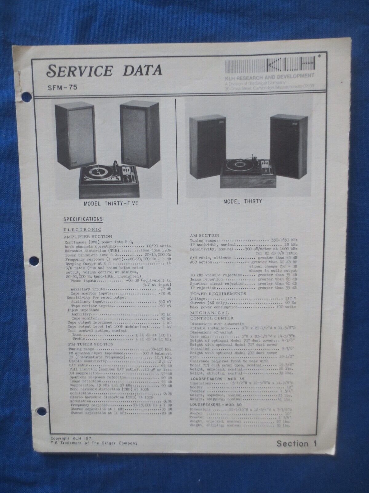 KLH Thirty Thirty-Five Service Manual Factory Original The Real Thing