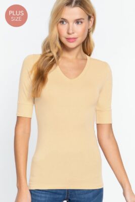 1X 2X 3X Women's 3/4 Sleeve V-Neck T-shirt Soft Stretch Cotton Fitted Top Plus