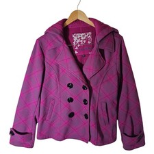 Sebby Jacket Size L Pink Purple Plaid Double Breasted Fleece Hoodie Pea Coat 
