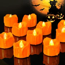 Halloween 12 Pack Orange Tea Lights, Small Dripping Candles, Battery Operated LE