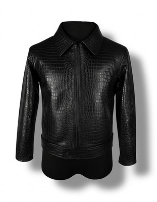 Men s Black Crocodile Pattern Real Leather Shirt Jacket Luxury Zip-Up Outerwear