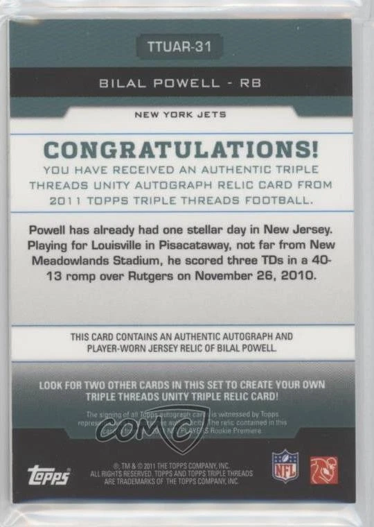 2011 Topps Triple Threads Unity Relics Emerald /50 Bilal Powell Rookie Auto RC - Image 2 of 2