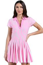 Pleated Knit Fit Flare Mini Dress In Pink And White Short Sleeved Dress Medium