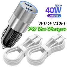PD 40W Dual USB-C Fast Car Charger Type C Cable For iPhone15 16E 17 Air Samsung
