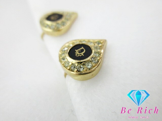 Christian Dior Rhinestone Logo Earrings in Black Gold Plated Design