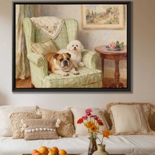 Oil Painting Dog Bulldog Bichon Frise Canvas Print Living Room Decor Art Print