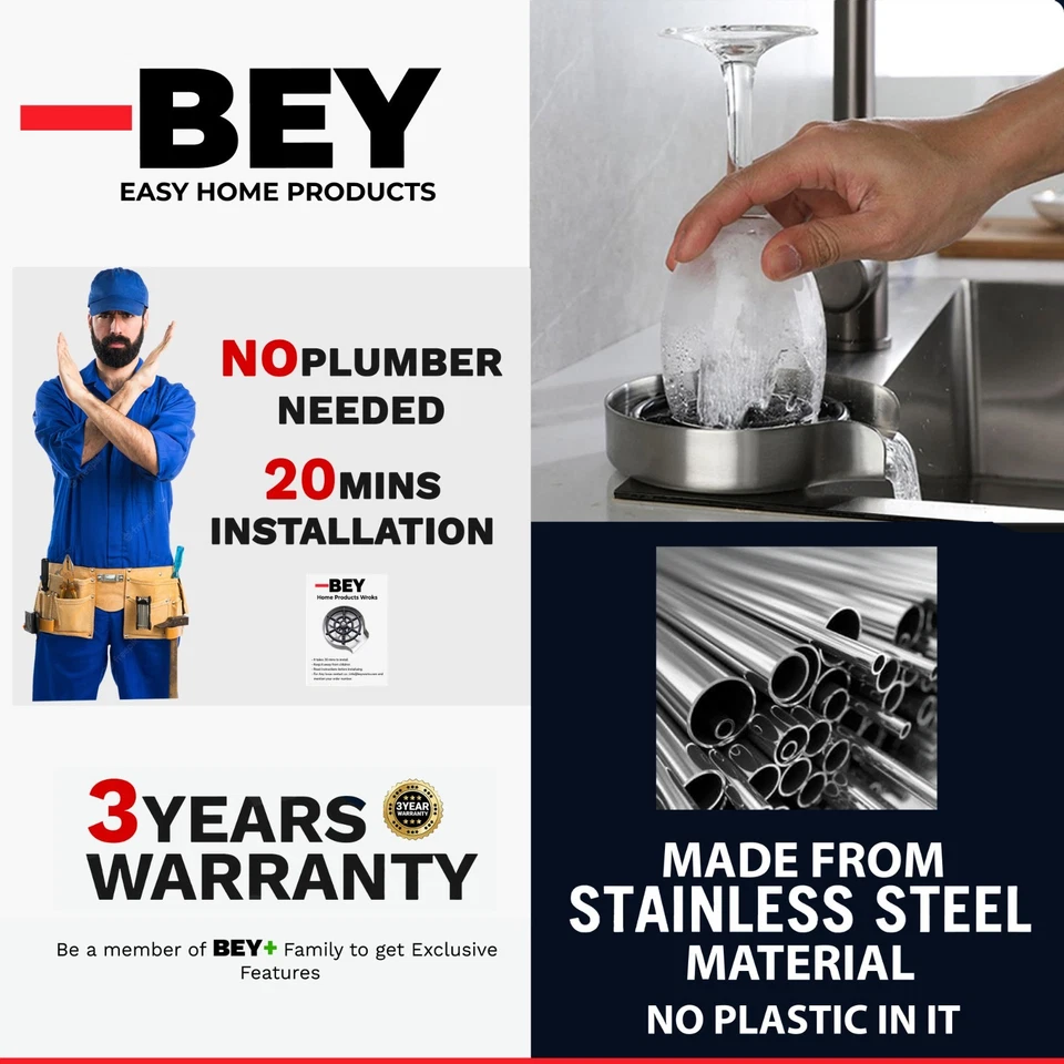 BEY Enjuagador Automático de Vidrio - Potente Lavadora de Vasos Mejorada para Fregadero de Cocina Foto 4 de 4