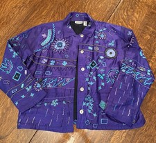 Vintage Chico's Design Embroidered Floral Lined Button Jacket Purple Size 2