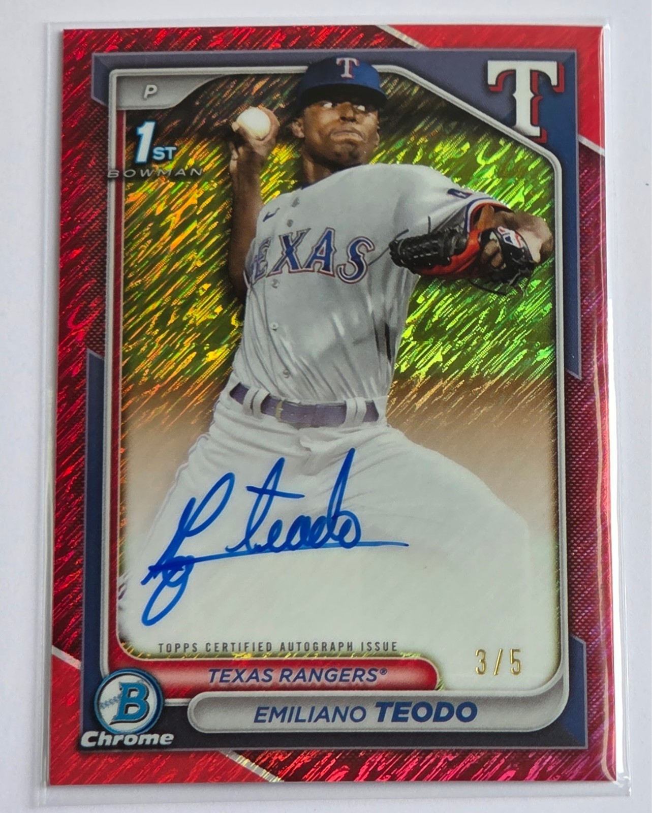 Emiliano Teodo 2024 Bowman Chrome Red Shimmer AUTO #3/5 1st #CPA-ETE Rangers