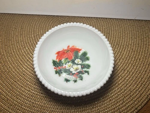 Vintage Christmas Milk Glass - Westmoreland Small Bowl Poinsettia Hobnail Rim