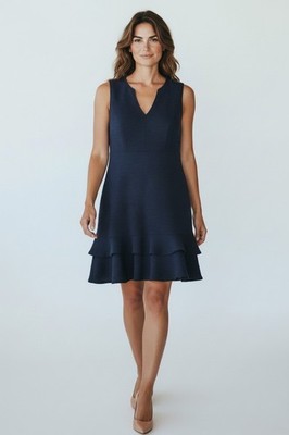 Sharagano Navy Blue Sleeveless Ruffle Tweed Mini Dress Size 4P NWT Fit & Flare