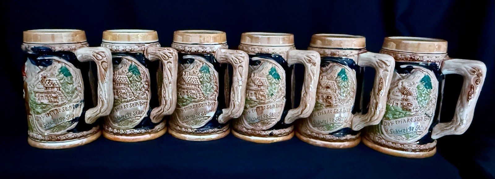 Set of 6 Japanese Beer Mug Steins Mid-20th Century 3 Men Drinking Beer at Table