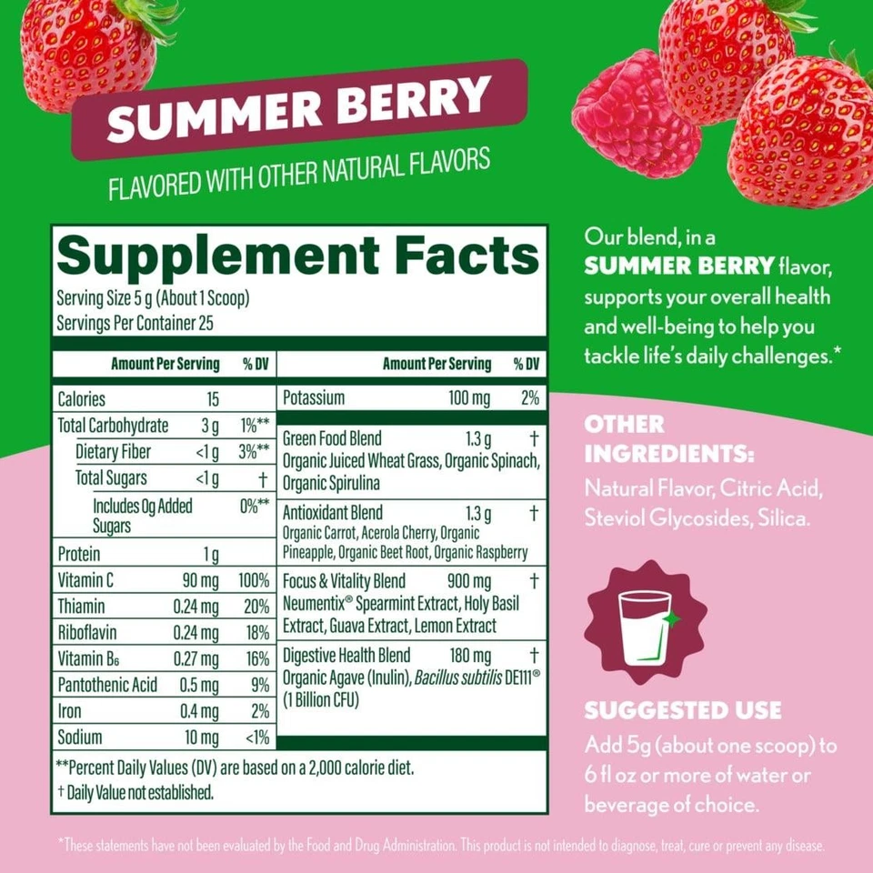 Increíble polvo superalimento verde dulce hierba, baya de verano, 25 porciones Foto 4 de 4