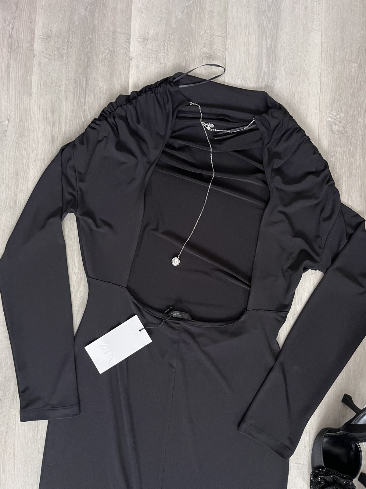 Zara Women's Draped Midi Dress Long sleeve With Jewel  Back Black Size Small NWT thumbnail 6