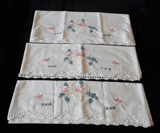3 PillowCases New White Embroidered Basket hand Crochet Edge 100% Cotton