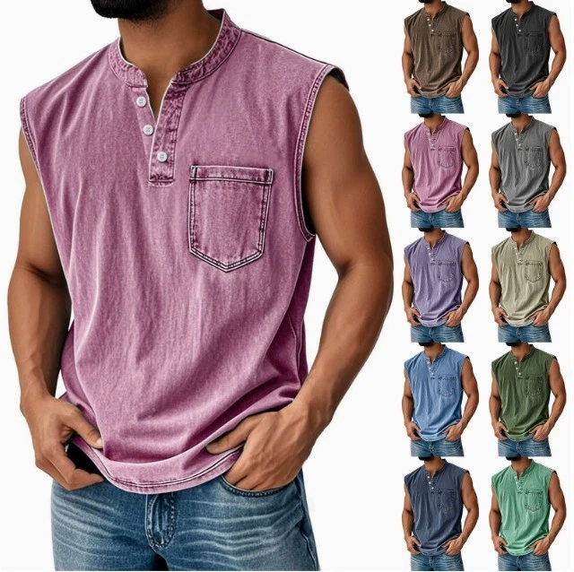 Men's Sleeveless Henley T-Shirt Casual Cotton Blend Tank Top Summer Gym Vest - Image 1 of 4