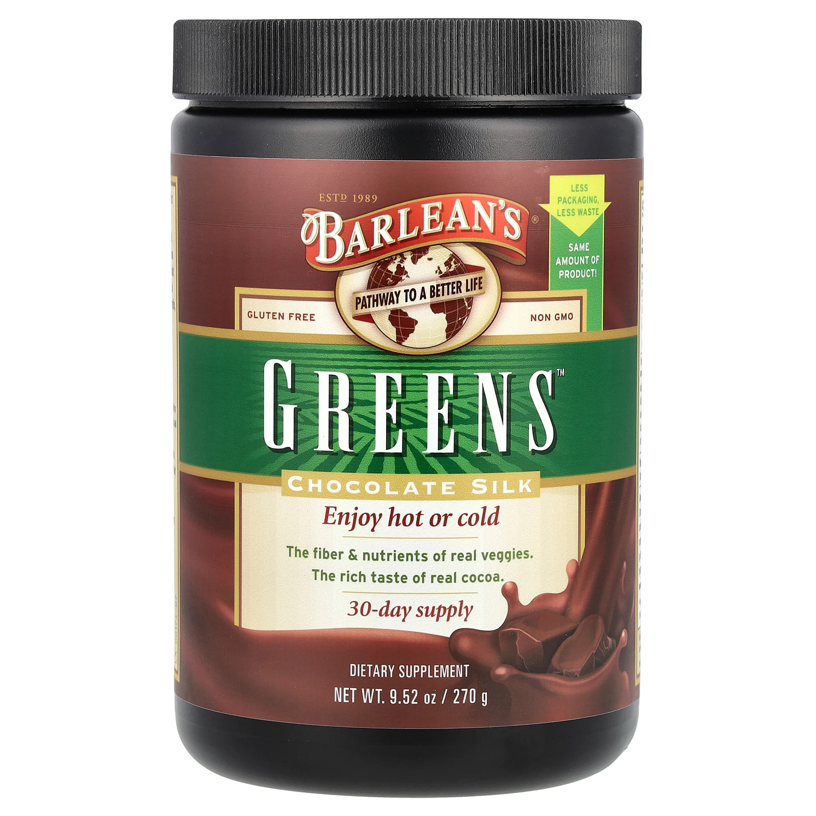 Порошок Barleans Greens с формулой Шоколадный шелк 9 52 унции 270 г Органический, кошерный