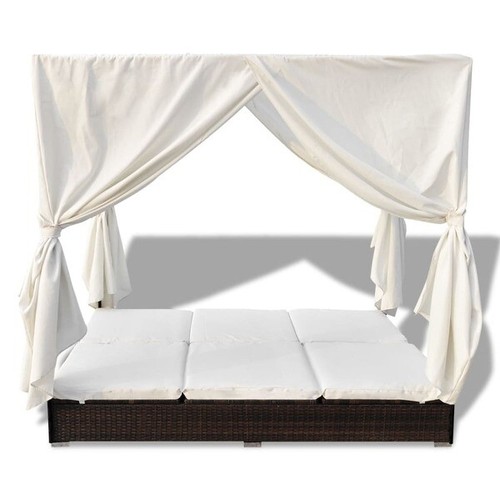 Outdoor Lounge Bed with Curtains Poly Rattan Brown - Picture 3 of 9