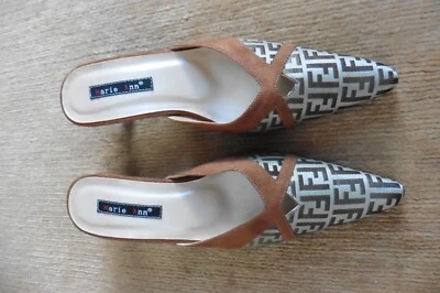 Chaussures mules escarpins Marie Ann tissu imprimé & suédine marron beige T 37 - Photo 1/4