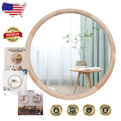 Natural Wood Frame 24-Inch Round Mirror - Modern Rustic Vanity and Bathroom