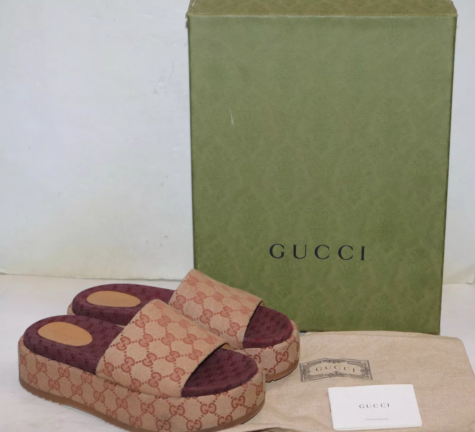 Sandales coulissantes Gucci 573018 Angelina GG plate forme suprême beige rouille 39,5