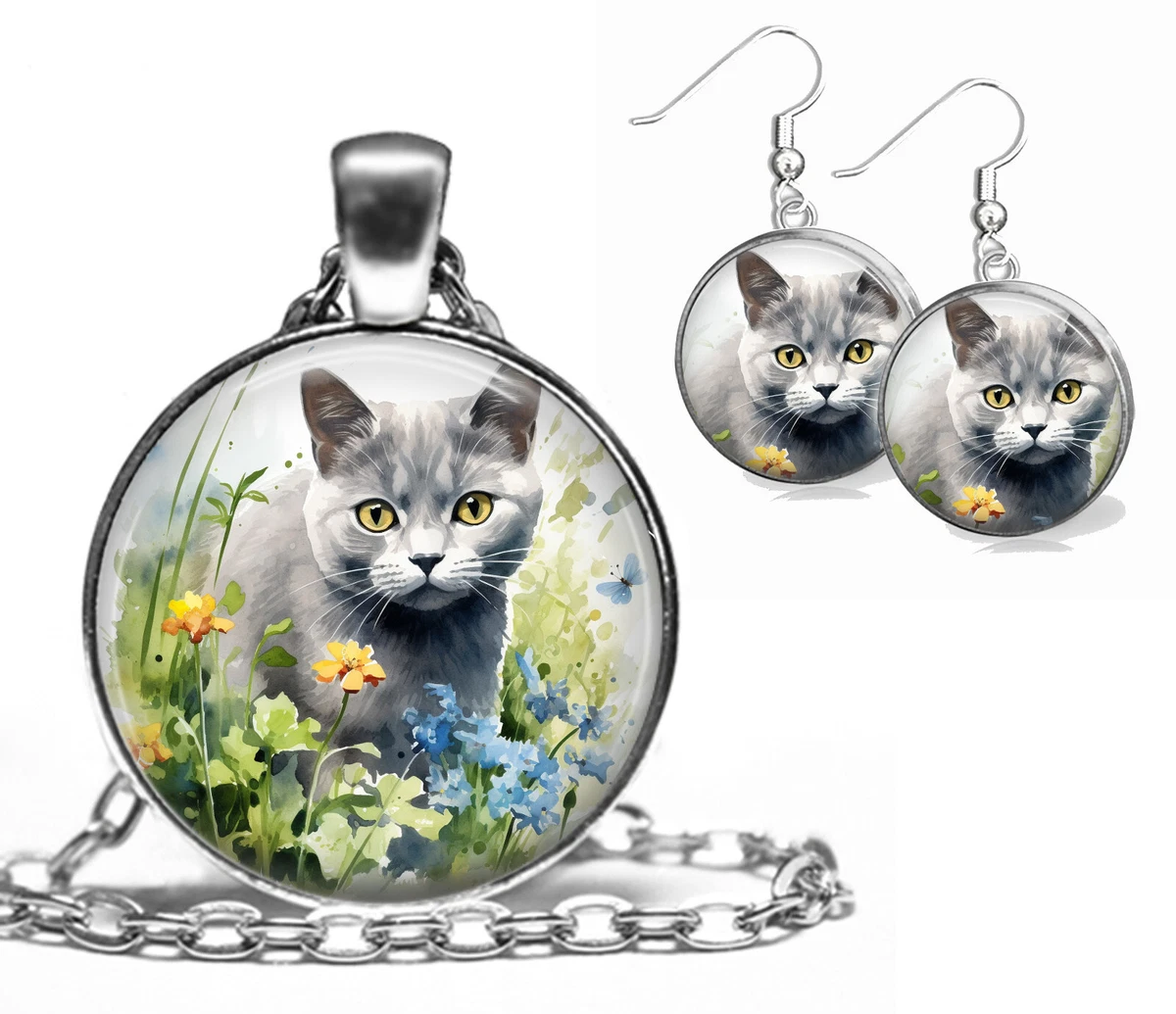 Russian Blue Cat Pendant Necklace Earrings Set Russian Blue Cat
