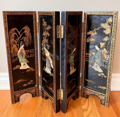 Vtg Chinese Black Lacquer Four Panel Folding Table Top Screen w/ Carved Figures - Picture 2 of 13