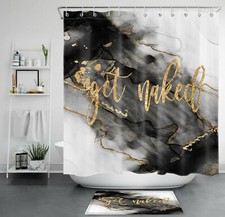 Black White Marble Texture Golden Funny Words Shower Curtain Set Bathroom Decor