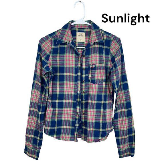 Hollister Flannel Shirt Blue-Yellow Button Down Woman Size XS Junior Classic-image