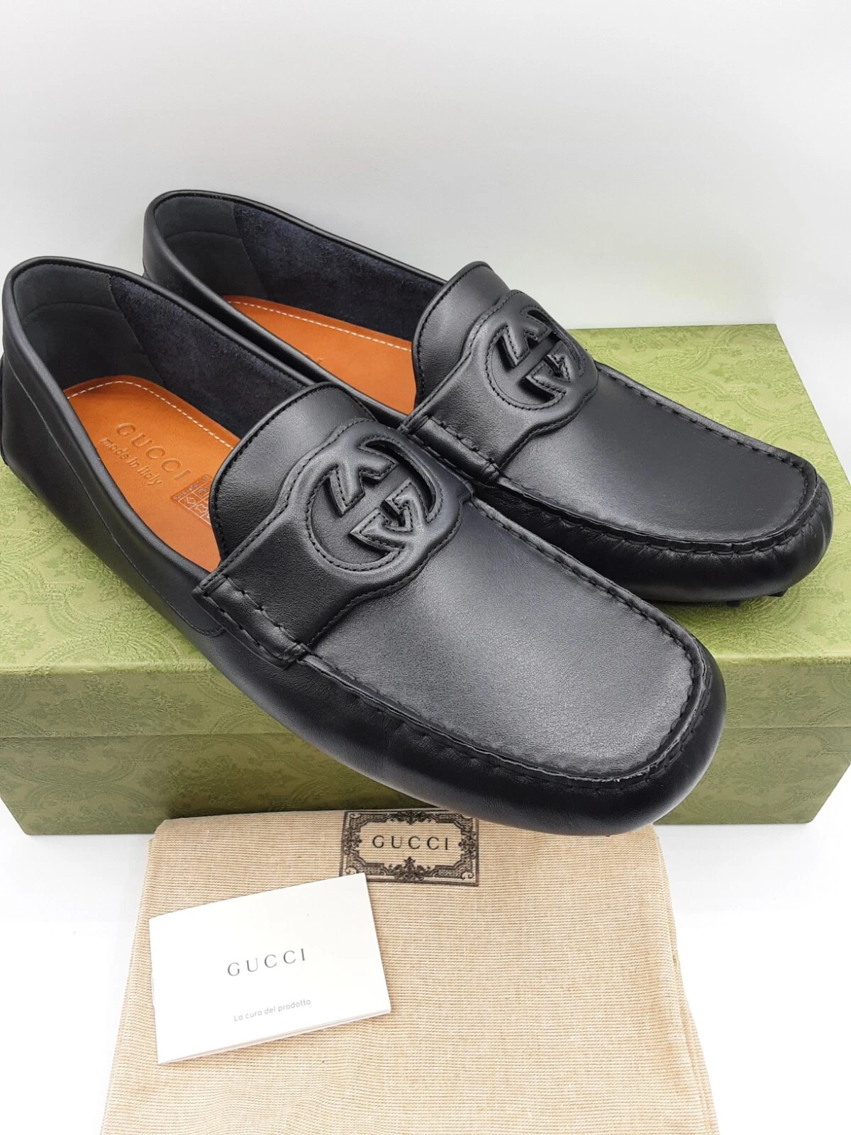 CHAUSSURES MOCASSINS HOMME GUCCI AYRTON CUIR NOIR EMBOÎTABLES G UK 11 US11,5